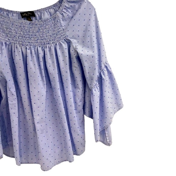 Melissa Paige Gingham Print Off Shoulder Top Blue White Size Petite Large - Picture 7 of 17